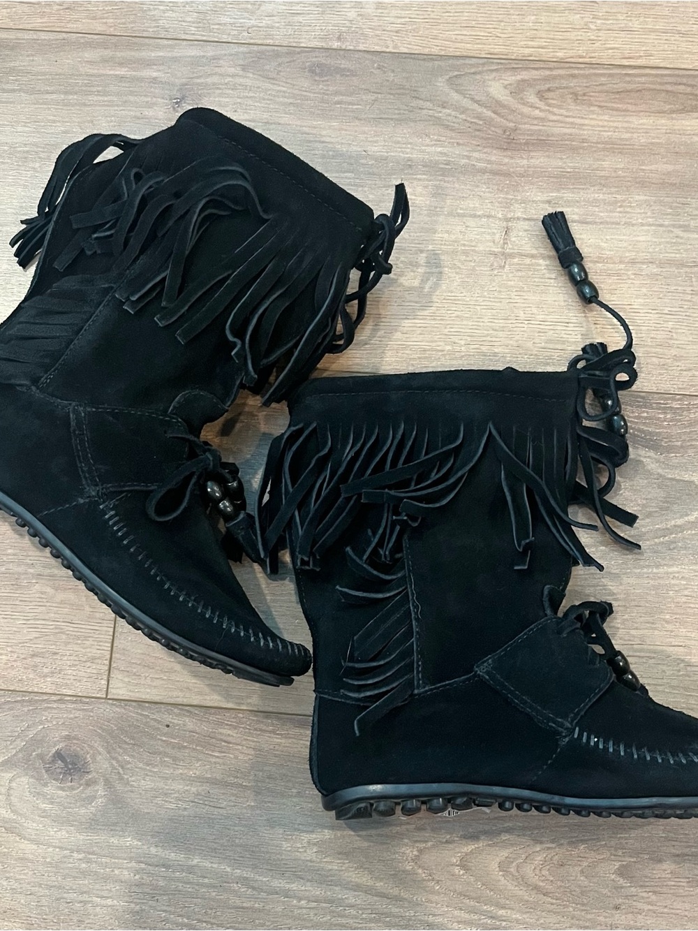 Minnetonka Suede Fringe Boot Black Mid-calf Western Boho
